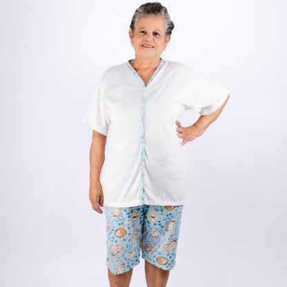 Pijama Senhoril - Manga com botão - Malha Poliester com Viscose